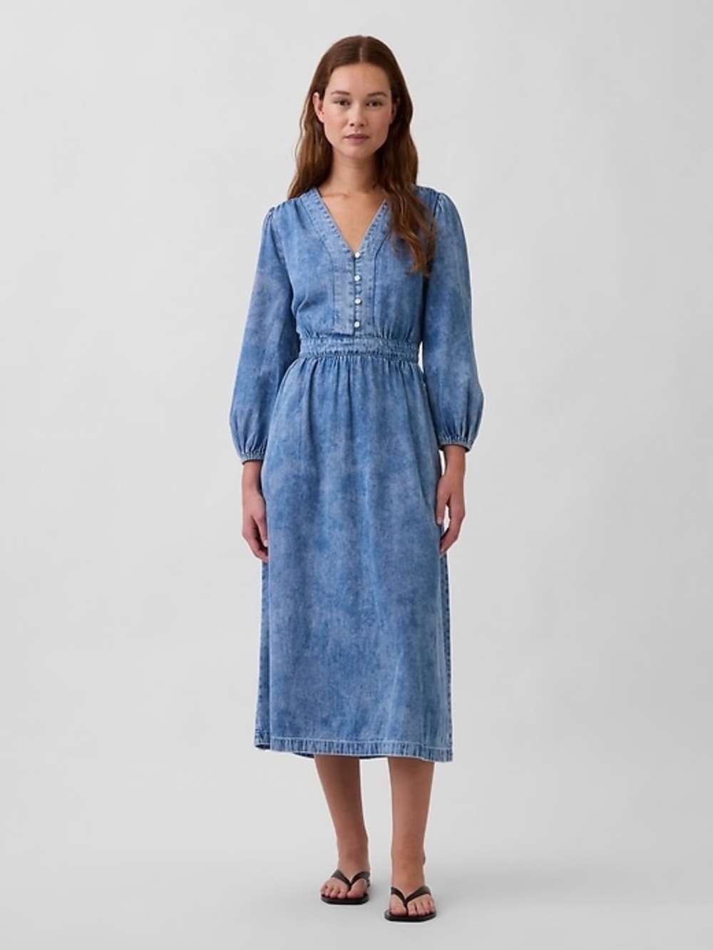 Denim-Effect Long Sleeve Midi Dress - Blue